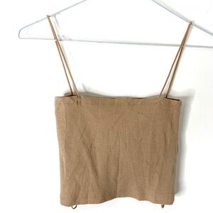 Zara Neutral Tan Ribbed Square Neck Cropped Tank Top Fitted Stretch